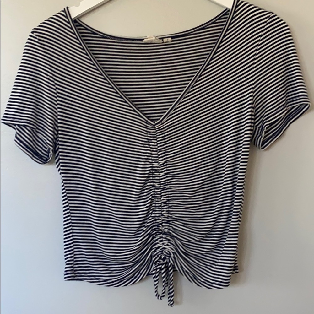 Navy and White striped lace up tee